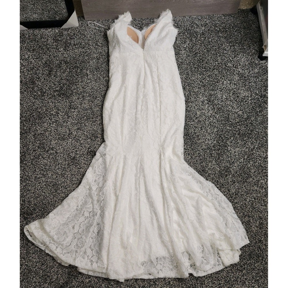 Lulus White Lace V Neck Fit N Flare Memermaid Wedding Dress Style# IDE76196 Nwt - Picture 9 of 14